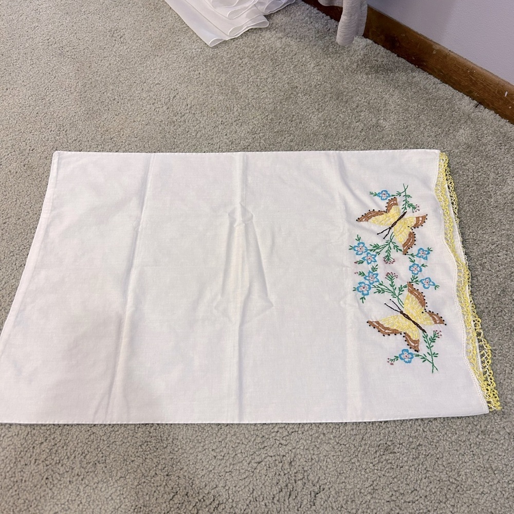 Embroidered White Pillow Case with Butterflies
